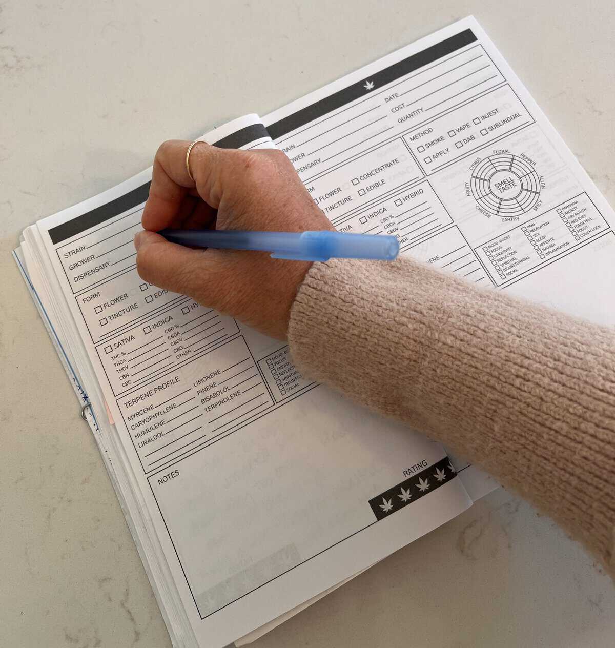 Kate Lily making an entry in a cannabis strain journal